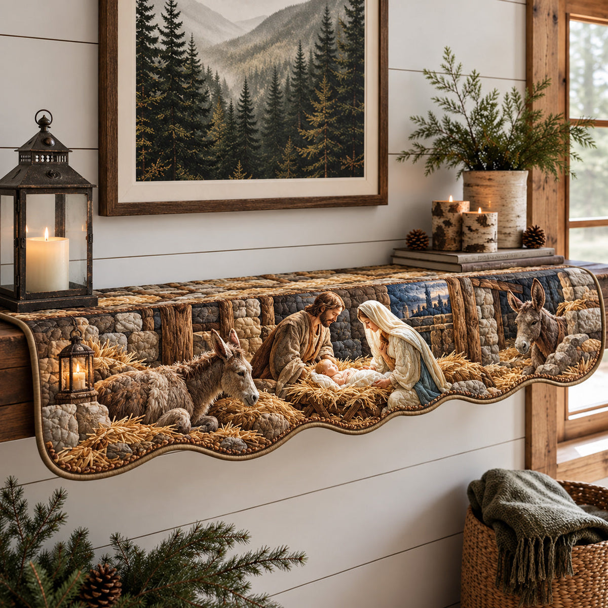 Rustic Bethlehem Manger Quilted Mantel Scarf GFTOHNL4717