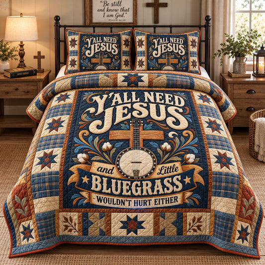 Yall Need Jesus And Bluegrass 3-Piece Quilted Bedding Set GFTOHNL4811