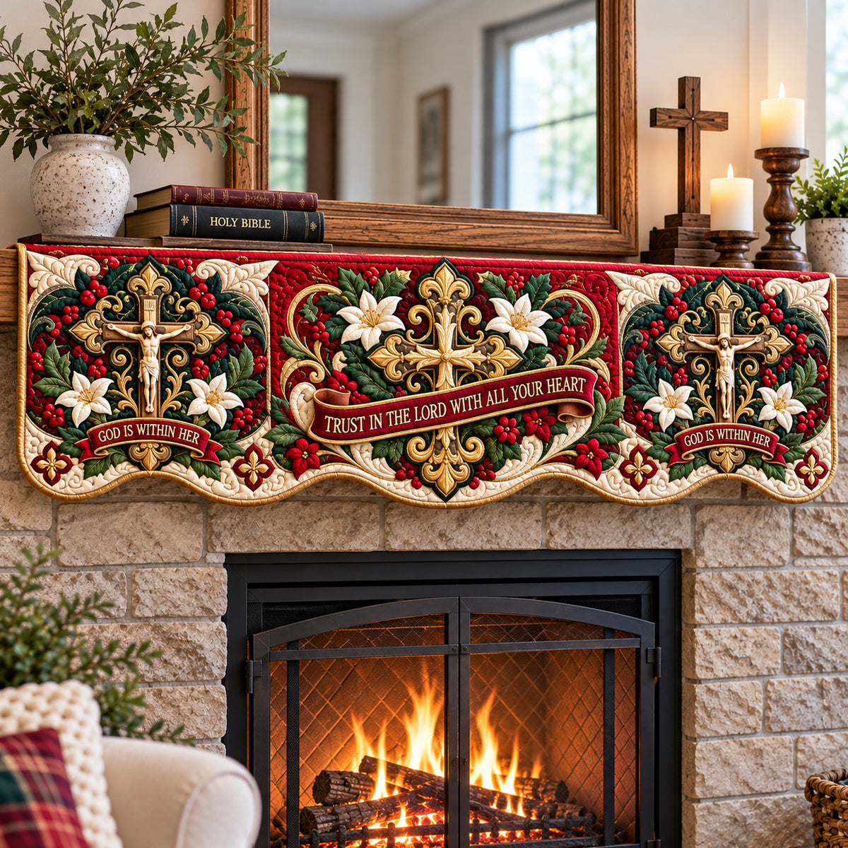 Christian Faith Abundance Quilted Mantel Scarf GFTONPT1854