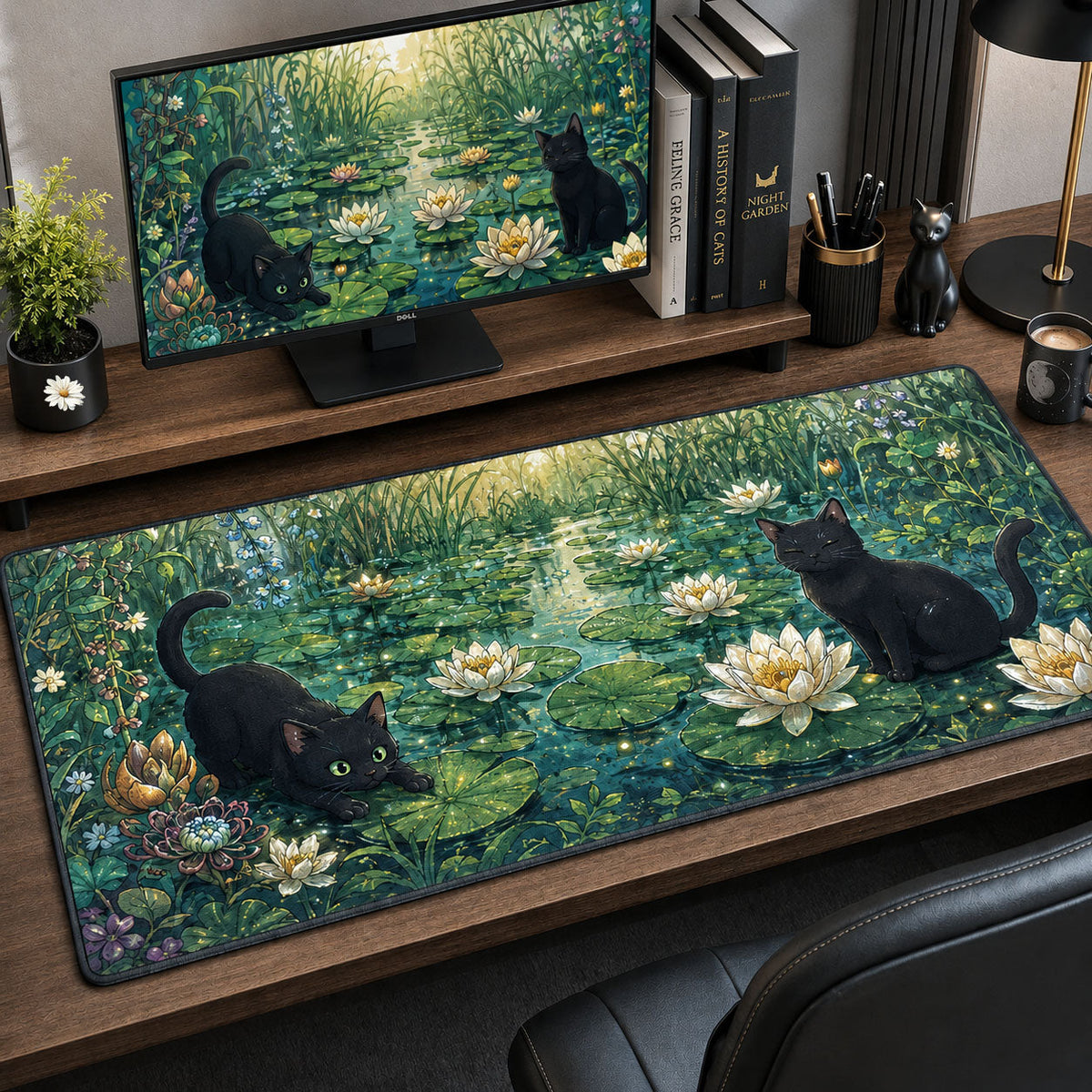 Black Cat In Pond Desk Mat GFTOPND1357