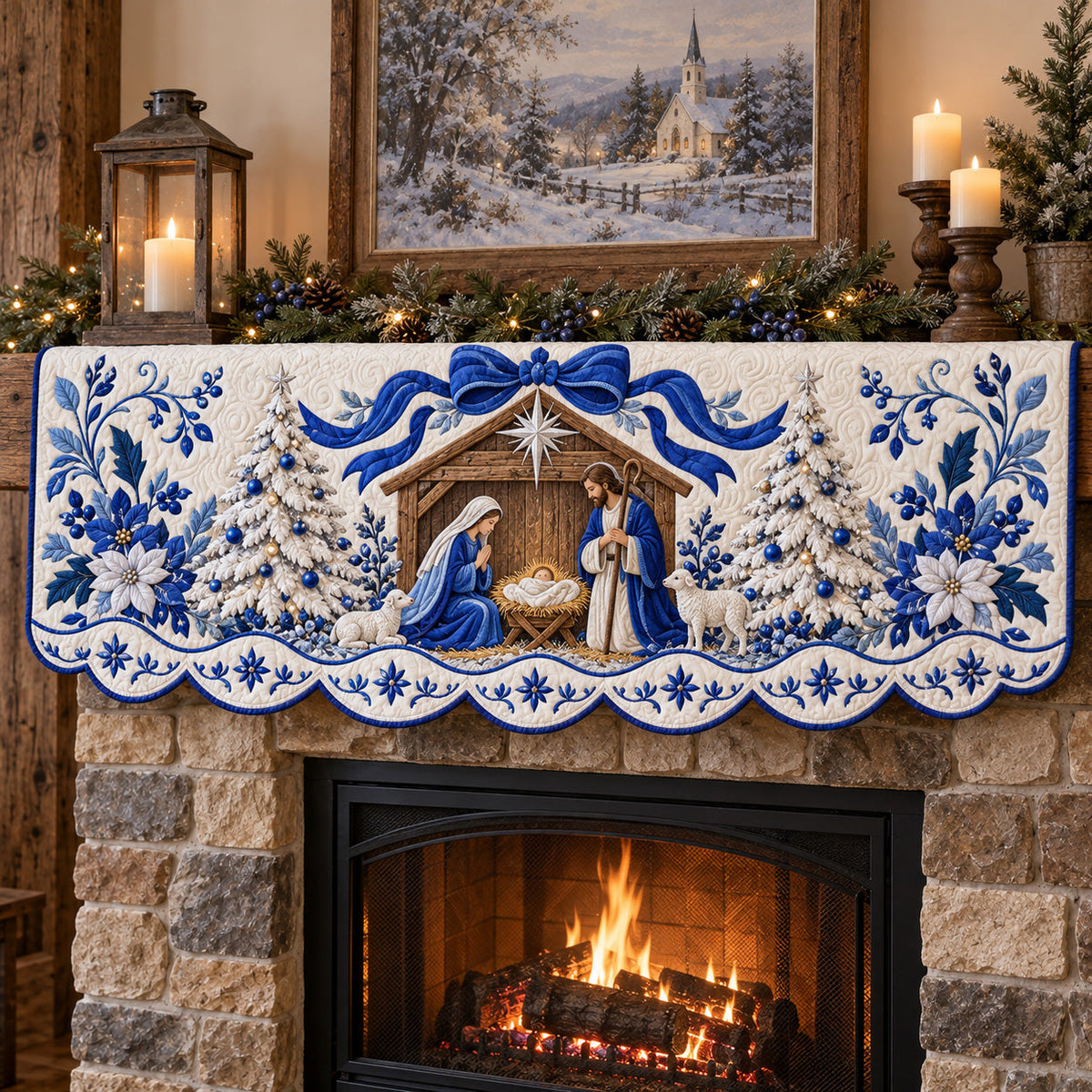 Blue Christmas Nativity Quilted Mantel Scarf GFTOTP22788
