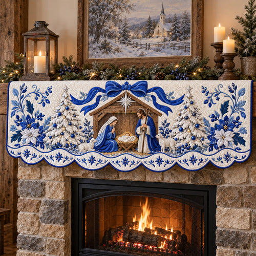 Blue Christmas Nativity Quilted Mantel Scarf GFTOTP22788