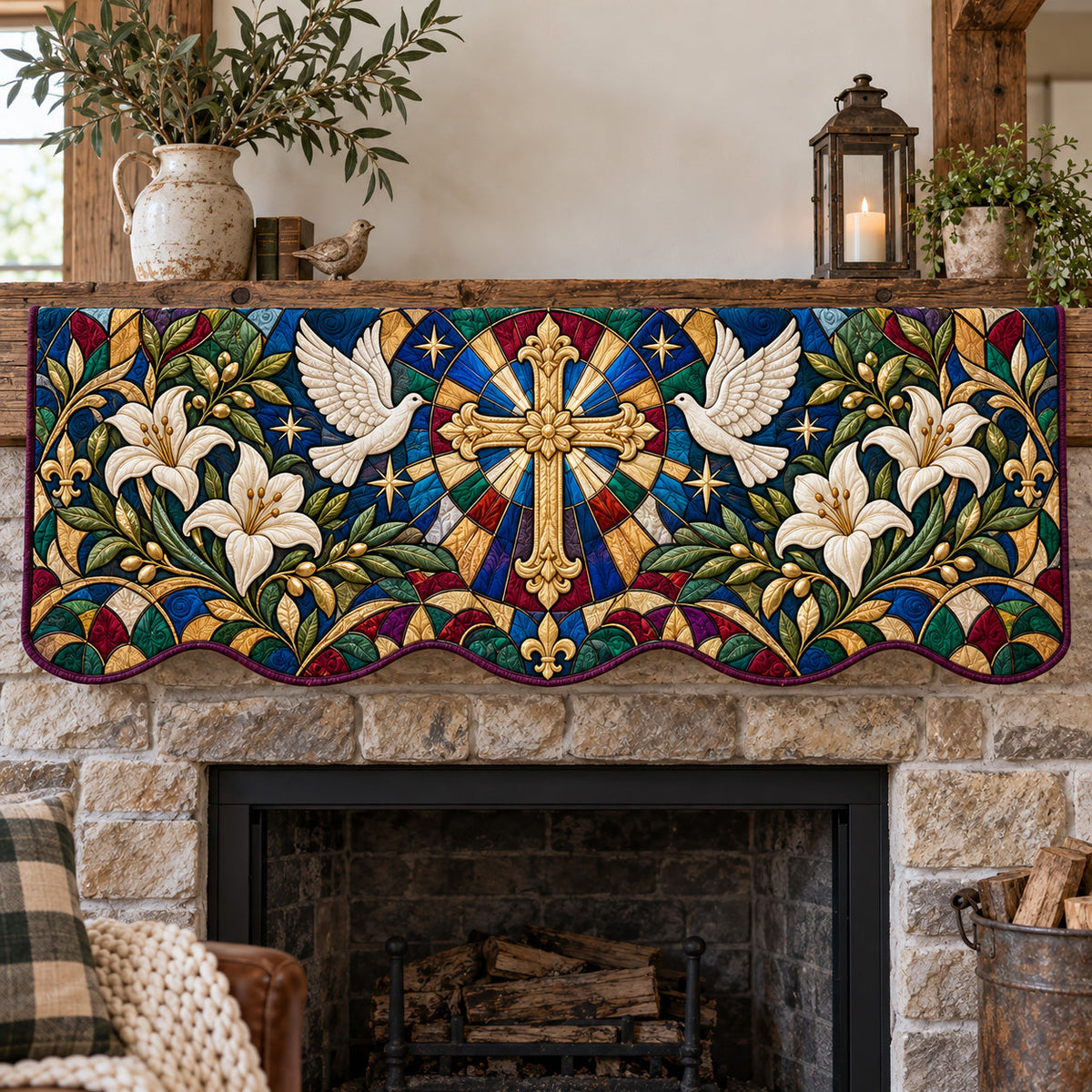 Stained Glass Cross Quilted Mantel Scarf GFTOTP22845